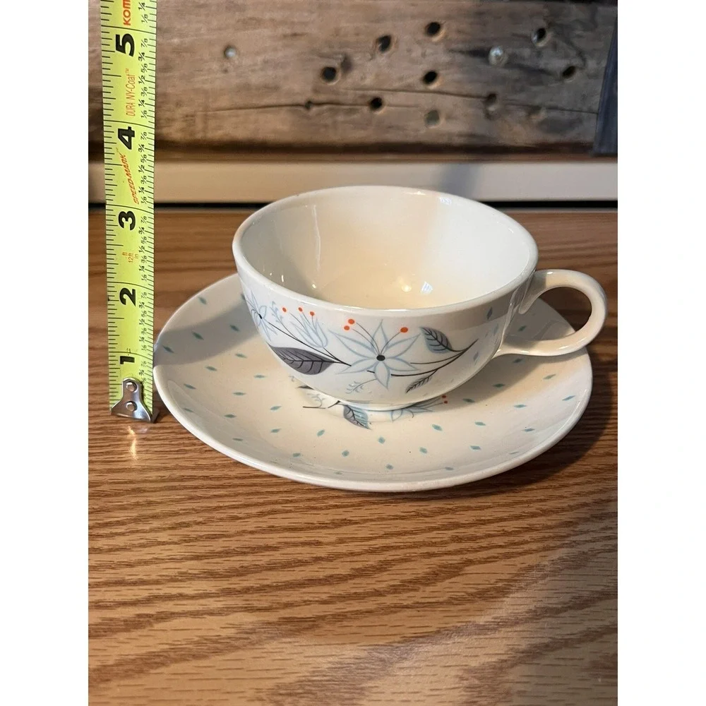 Vtg MCM Homer Laughlin Dura‎ Berry Teacup Saucer Aqua Diamonds & Floral Center